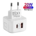 Suitable for Apple Mobile Phone PD Fast Charge Android European Standard Charging Head 20W Dual-Port USB + Type-C Charging Port. 