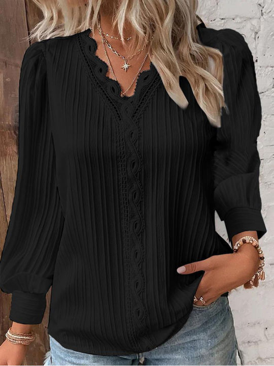 Women%20Lace%20Stitching%20Shirt%20Solid%20V-neck%20Simple%20Black%20Chiffon%20Decoration%20Hollow%20Out%20Design%20Fashion%20Elegant%20Top%20Office%20Lady%20Blouse%20-%20Image%205