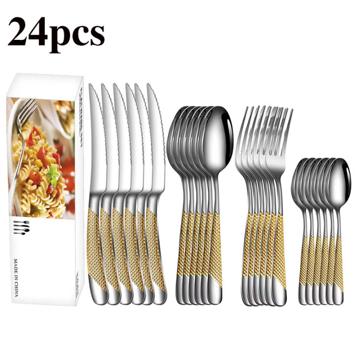 24pcs Stainless Steel Tableware Set, Including Knife, Fork, Spoon, Coffee Spoon and Box, Suitable for Kitchen and Restauran