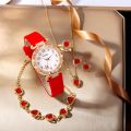 6 PCS New Lxury Love Rhinestone Jewelry Ladies Ring Necklace Earrings Bracelet Set Simple Digital Leather Strap Quartz Watch. 