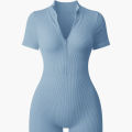 Women's Slimming Textured Short Sleeve Zip Front Athletic Yoga Bodysuit for Fitness Bodybuilding Hip Lifting One Piece. 