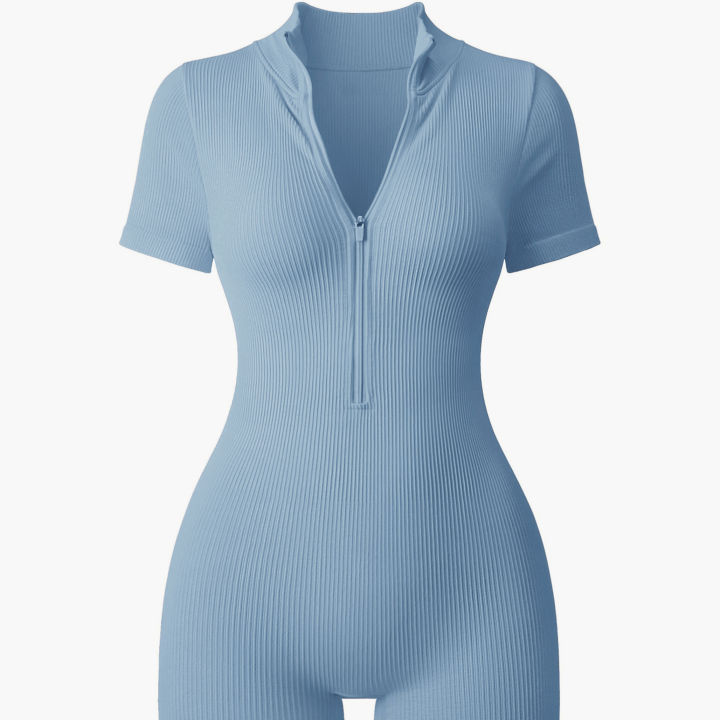 Women's%20Slimming%20Textured%20Short%20Sleeve%20Zip%20Front%20Athletic%20Yoga%20Bodysuit%20for%20Fitness%20Bodybuilding%20Hip%20Lifting%20One%20Piece%20-%20Image%203