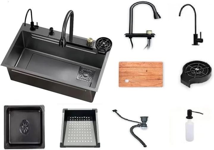 All In One Kitchen Sink 304 Grade Stainless Steel Multipurpose Multifunction 3 Mode Tap with Pullout Feature Cup Washer Single Bowl with RO water tab (27" x 18" x 9")