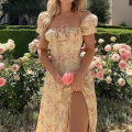 Women Floral Print Split Dress Sweet Puff Short Sleeve Square Collar Slim Fit Maxi Dress Holiday Summer Casual  A-Line Dress. 