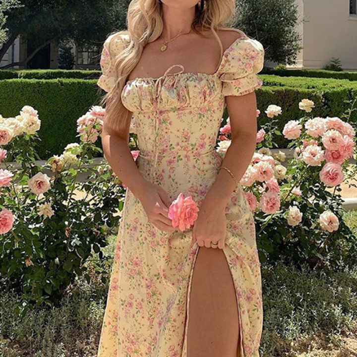 Women%20Floral%20Print%20Split%20Dress%20Sweet%20Puff%20Short%20Sleeve%20Square%20Collar%20Slim%20Fit%20Maxi%20Dress%20Holiday%20Summer%20Casual%20%20A-Line%20Dress%20-%20Image%205