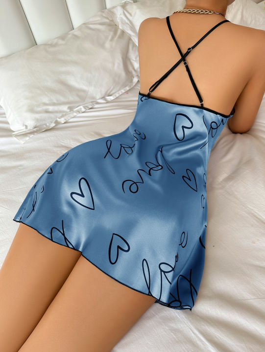 Heart%20%20%20Letter%20Print%20Nightdress%20%20Casual%20Round%20Neck%20Spaghetti%20Strap%20Sleep%20Dress%20%20Women's%20Sleepwear%20%20%20Dresses%20-%20Image%203