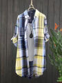 Plus Size Cotton Mid Length Plaid Print Women Autumn Shirts Casual Female Korean Fashion Long Sleeve Single-breasted Blouses. 