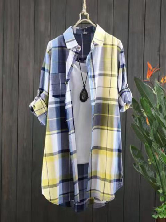 Plus%20Size%20Cotton%20Mid%20Length%20Plaid%20Print%20Women%20Autumn%20Shirts%20Casual%20Female%20Korean%20Fashion%20Long%20Sleeve%20Single-breasted%20Blouses%20-%20Image%205