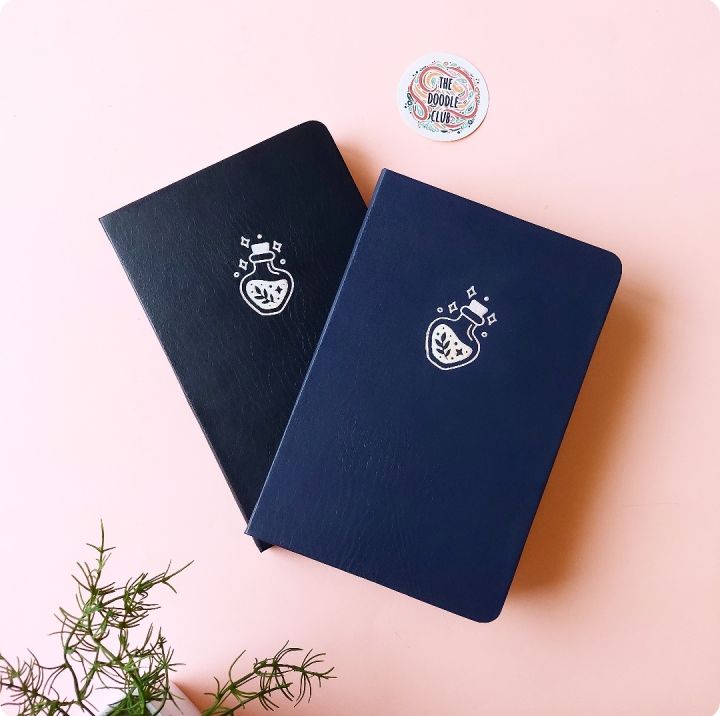 Black or Navy BuJo Potion Sparkle Minimalistic Bullet Journal Notebook Dot grid Diary Dotted pages Holographic Foil on leather journals