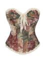 Women Overbust Corset Vintage Floral Tapestry Halloween Costume Sweetheart Front Busk Ruffle Back Lace Up Boned Waist Cincher. 
