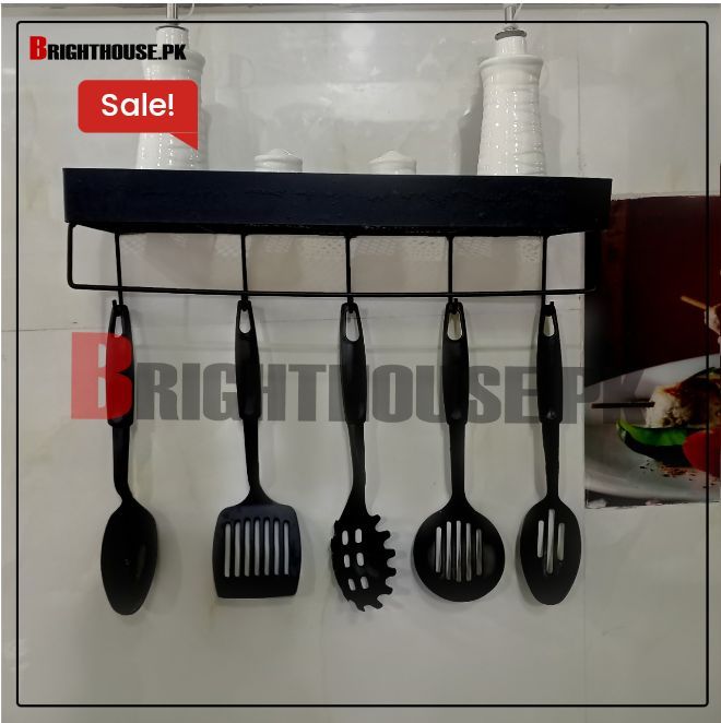 Multi-Purpose Kitchen Organizer Rack, Wall-Mounted, 5 Hooks for Spoon and Towel Storage