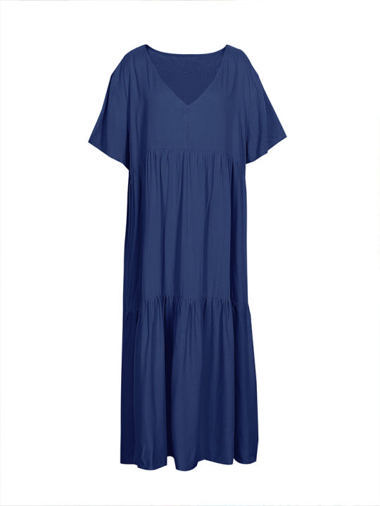 Plus%20Size%202025%20Summer%20New%20V-neck%20Short%20Sleeve%20Pleated%20Solid%20Colour%20Loose%20Casual%20Midi%20Dress%20Basic%20Hem%20Pleated%20-%20Image%205