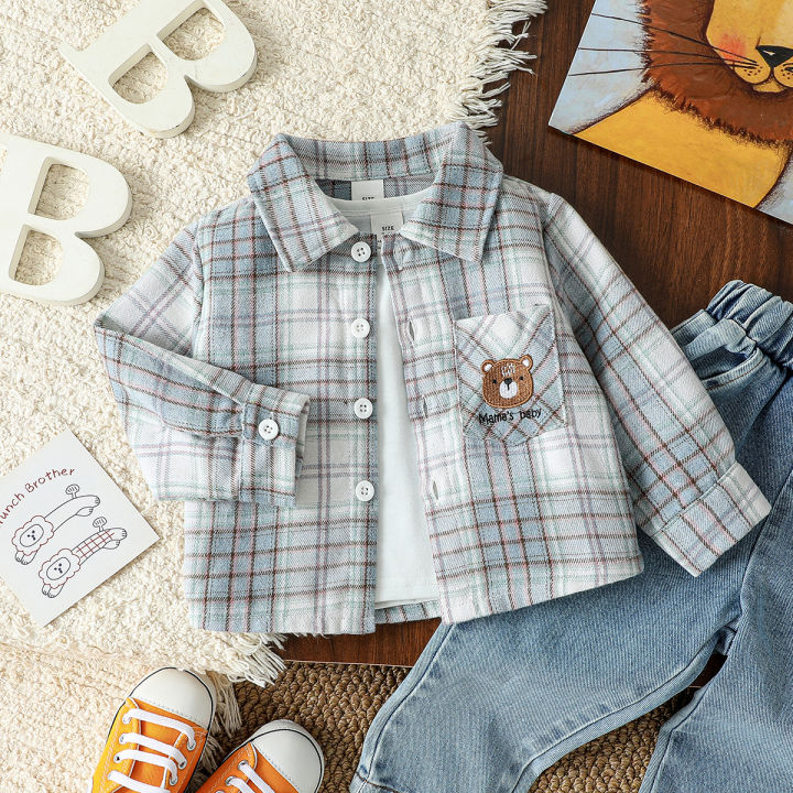 Baby's Boys Long Sleeve Blouse Coat Jacket Outwear 2025 Spring Autumn Plaid Shirts With Pocket Children's Clothes For 1-3Y
