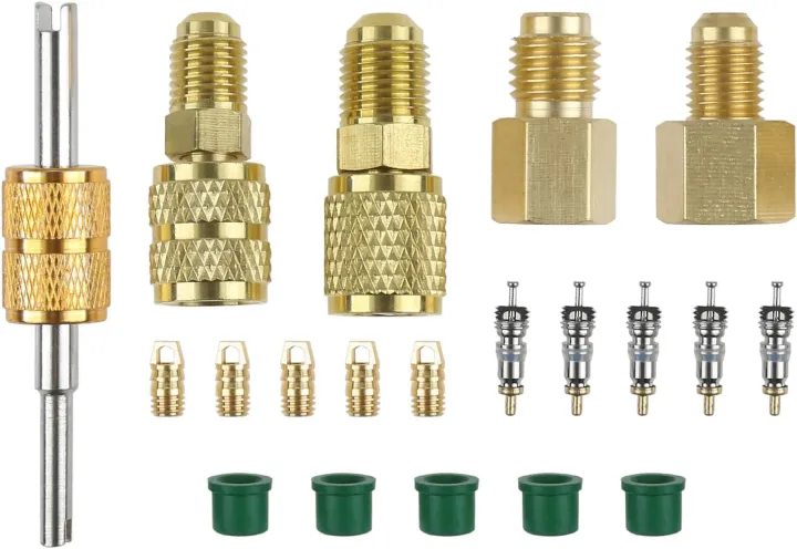 20pcs/set%20Mini%20Split%20R410A%20R134A%20Adapters%205/16"%201/4"%20SAE%20Plug%201/2"%20Acme%20Male%20To%20Female%20Brass%20Fitting%20Kit%20with%20Valve%20Core%20Remover%20-%20Image%202