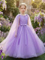 Elegant Purple Long Dress for Tween Girl,A Formal Gown Featuring Flowing Veil Belt Bow Decoration,Wedding,Birthday Party,Banquet. 