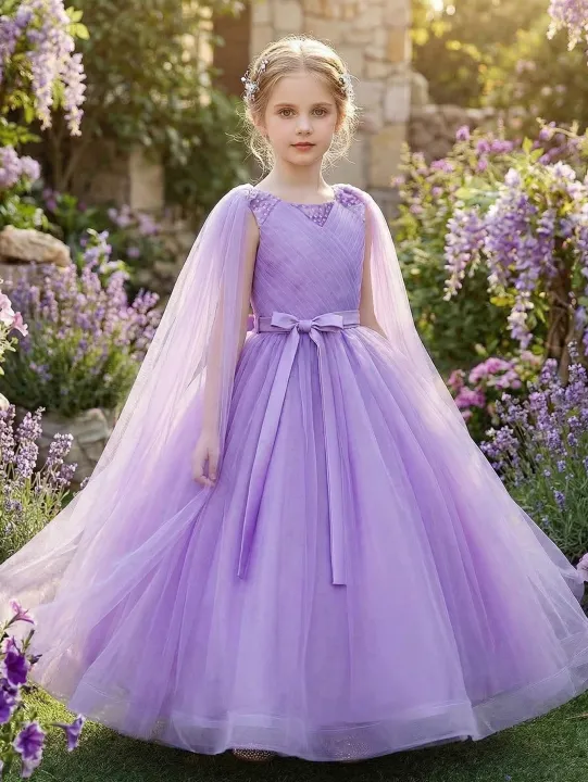 Elegant%20Purple%20Long%20Dress%20for%20Tween%20Girl,A%20Formal%20Gown%20Featuring%20Flowing%20Veil%20Belt%20Bow%20Decoration,Wedding,Birthday%20Party,Banquet%20-%20Image%202