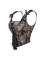 Women's Bow Tie Strap Jacquard Corset Top Front Lace Up Square Neck Cropped Waist Cincher Bustier.