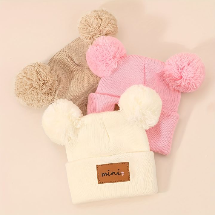 3pcs%20Mini%20Heart%20Faux%20Leather%20Label%20Double%20Pom%20Knit%20Beanie%20Hats%20for%20Youngsters%20Hand%20Washable,%20New%20Year's%20Ocn%20Theme%20Cute%20Hats%20-%20Image%203