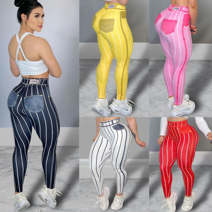 Women High Waist Sports Leggings Stripe Print Stretchable Yoga Pants Tight Fitness Workout Gym Push Up Causal Pant