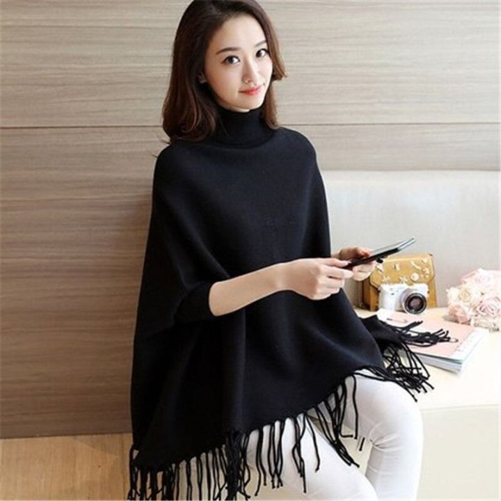 Women Poncho Coat Solid Elegant Pullover Female Jumper Irregular Tassel