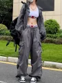 Y2K Parachute Black Pants Women Hippie Streetwear Oversize Pockets Cargo Trousers Harajuku Wide Leg Baggy Sweatpants. 