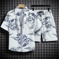 Floral Design Summer Beach Suit Men's Polo Shirt Oversized 3/4 Sleeves Shirt+shorts. 