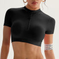 Seamless Yoga Crop Top Women Half Zip Mock Neck Short Sleeve Sports T-shirt Gym Workout Top Slim Fit Fitness Tights Sportswear. 