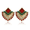 Ethnic Vintage Zircon Earrings Bohemia Fan-shaped Red Green Crystal Stud Earrings For Women New Earing Earings Jewelry Kolczyki. 