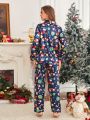 Comfortable Relaxed Fit Women's Long Sleeve Christmas Allover Print Casual Pajama Set with Buttons Lapel Top & Pants for Fall. 