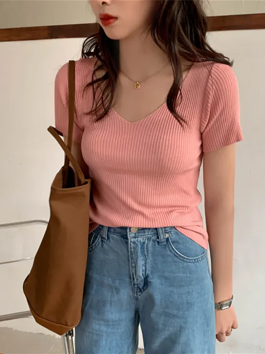 AOSSVIAO%202026%20Basic%20V-neck%20Solid%20Thin%20Summer%20Pullover%20Women%20Female%20Knitted%20Ribbed%20Sweater%20Slim%20Short%20Sleeve%20Bodycon%20Sweater%20-%20Image%204