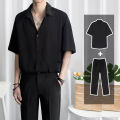 Jane Women's Fashion Shirts Korean Shirts Summer Ice Silk Shirt, 2-Piece Set, Men's Short Sleeve + Suit Pants Loose Black Shirt, Short Sleeves, Solid Color, Trendy Casual Suit Shirt.. 