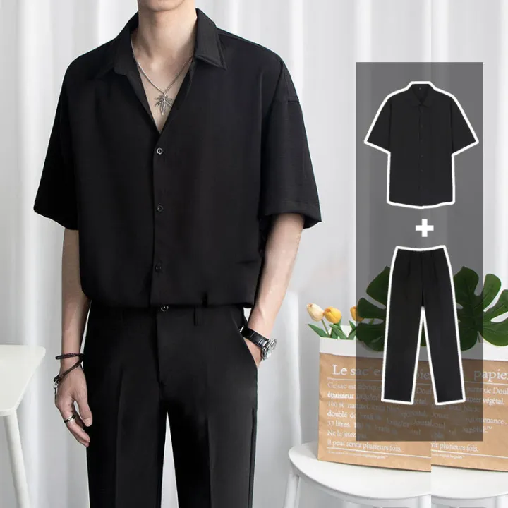 Jane%20Women's%20Fashion%20Shirts%20Korean%20Shirts%20Summer%20Ice%20Silk%20Shirt,%202-Piece%20Set,%20Men's%20Short%20Sleeve%20+%20Suit%20Pants%20Loose%20Black%20Shirt,%20Short%20Sleeves,%20Solid%20Color,%20Trendy%20Casual%20Suit%20Shirt.%20-%20Image%202