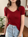 AOSSVIAO 2024 Basic V-neck Solid Thin Summer Pullover Women Female Knitted Ribbed Sweater Slim Short Sleeve Bodycon Sweater. 