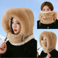Autumn and Winter Women Thermal Plush Hat Hood Scarf and Mask Ear Protection Windproof Thick Design for Riding Outdoor. 