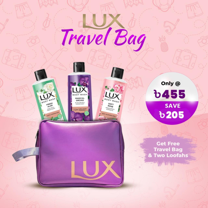 Buy 3 Lux Body Wash Aloe Vera & Black Orchid & French Rose 245ml and Get Travel Bag FREE