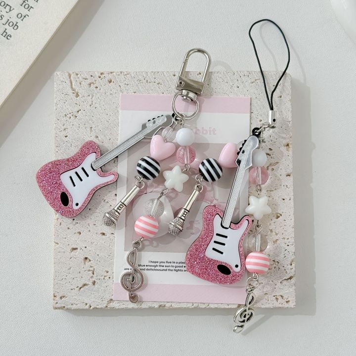 Y2K Phone Charms Pink Guitar Radio Keychain Microphone Pendant Key Ring Bag Phone Lanyard Cute Accessory for Girls Women Jewelry