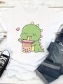 Cute Little Dinosaur Print Crew Neck Short Sleeve Casual T-shirt Women's Clothing Women's Harajuku Short Sleeve Casual Aesthetic. 