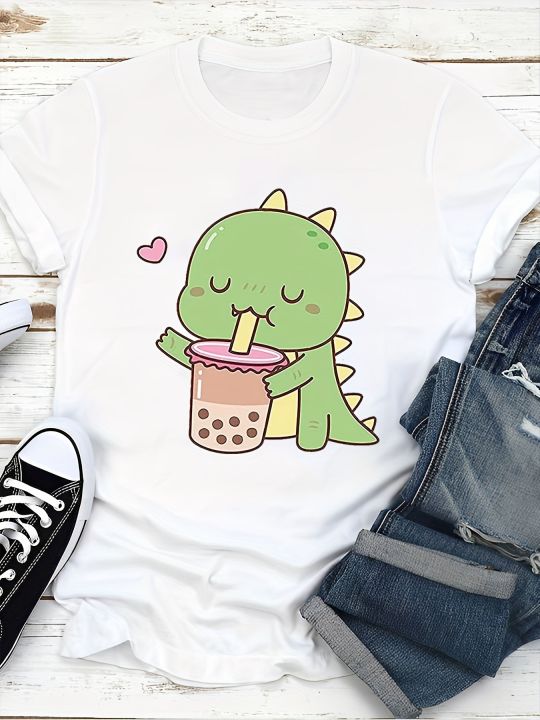 Cute%20Little%20Dinosaur%20Print%20Crew%20Neck%20Short%20Sleeve%20Casual%20T-shirt%20Women's%20Clothing%20Women's%20Harajuku%20Short%20Sleeve%20Casual%20Aesthetic%20-%20Image%203