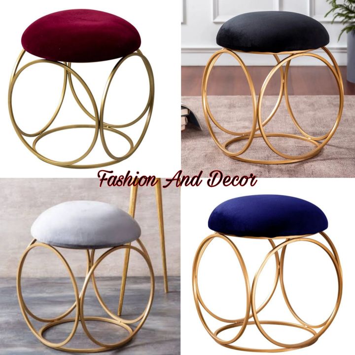 Nestroots Sitting Stool for Living Room Furniture Ottoman pouffes for Sitting | Metallic Side Table Puffy Foot Stool with Metalic Ring Gold Legs Home Furniture