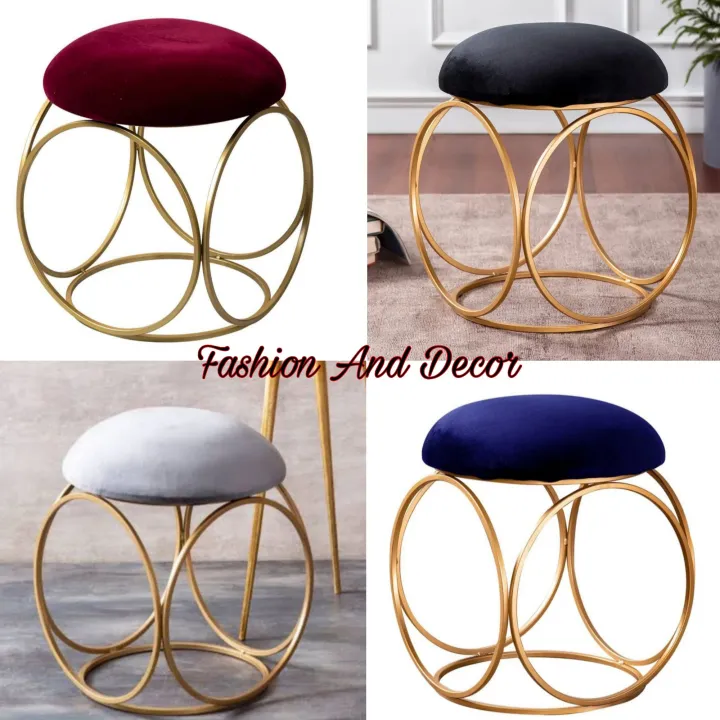 Nestroots Sitting Stool for Living Room Furniture Ottoman pouffes for Sitting | Metallic Side Table Puffy Foot Stool with Metalic Ring Gold Legs Home Furniture