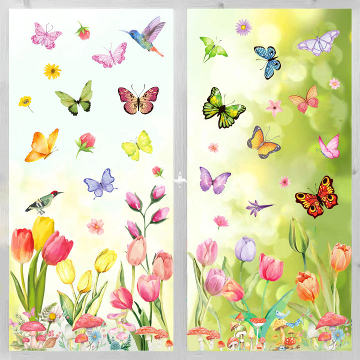 8 Sheets Spring Cartoon Butterfly Tulip Floral Party Decorations Window Static Stickers DIY Glass Clings Party Backdrops Decals