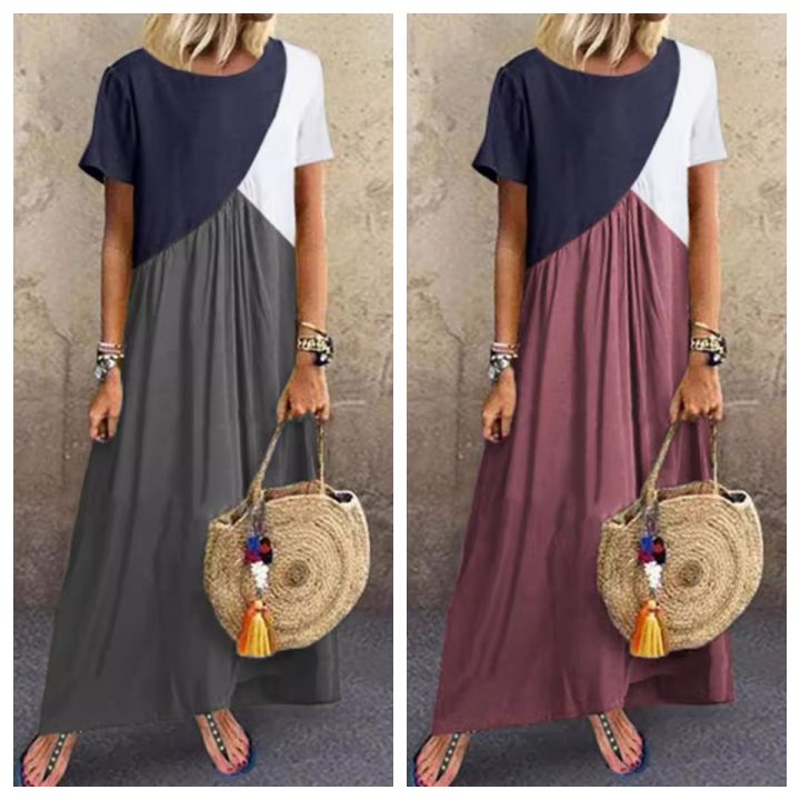 Women Dresses Long Maxi Dresses for women Vestidos Casual Dress Beach Patchwork Color Short Sleeve Loose Casual Plus Size Dress