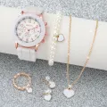 6PCS/Set Women's Watches Casual Silicone Band Analog Quartz Watch Heart Pearls Jewelry Set(Without Box). 