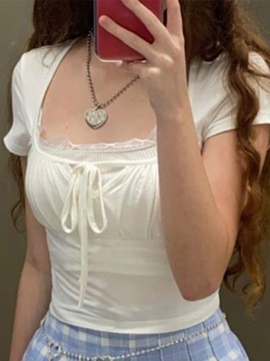 Casual%20White%20Knitted%20Lac%20Patched%20Female%20T-shirts%20Y2K%20Korean%20Style%20Slim%20Tie%20Up%20Shirring%20Summer%20Top%20Tee%20Folds%20Outfits%20-%20Image%203