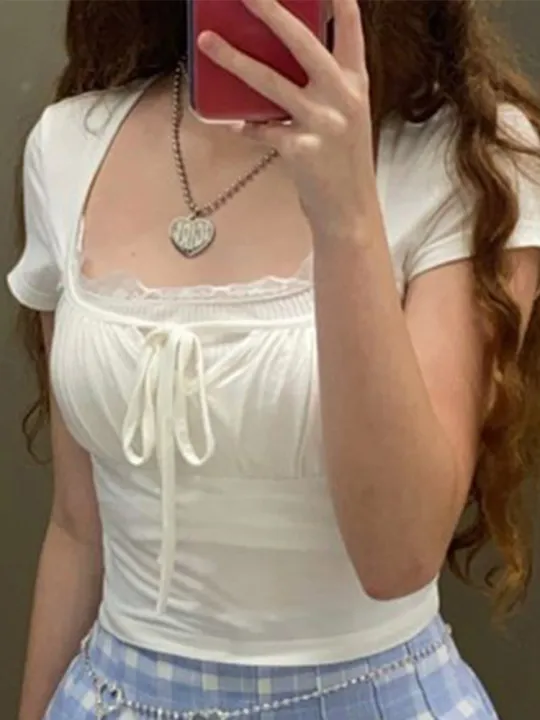 Casual%20White%20Knitted%20Lac%20Patched%20Female%20T-shirts%20Y2K%20Korean%20Style%20Slim%20Tie%20Up%20Shirring%20Summer%20Top%20Tee%20Folds%20Outfits%20-%20Image%203