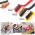 "3-Piece Wire Brush Set: Steel, Brass, and Nylon Brushes for Metal and Rust Cleaning". 