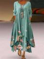 2024 New Fashion Trend Printed Long Sleeved Dress with Irregular Hem for Women. 