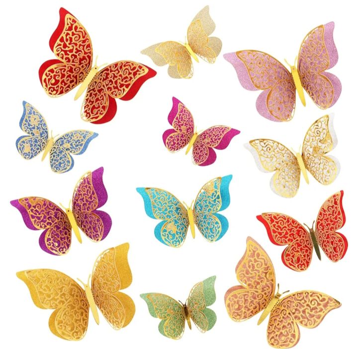 12 Pcs 3D Butterfly Wall Decor, 3 Sizes Double Layers Butterfly Wall Decals Stickers for Bedroom Wedding Party Decorations Baby Show Room Decors DIY Gift