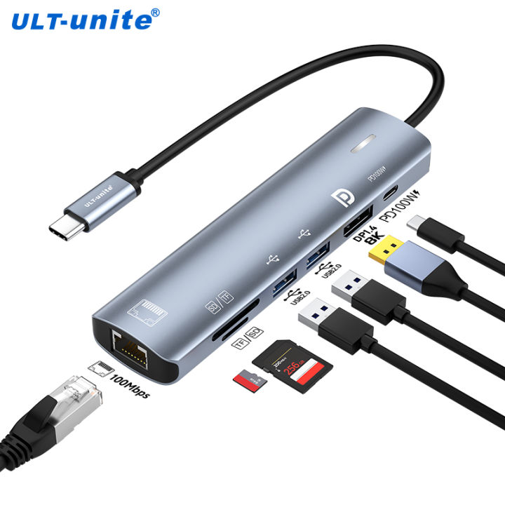 Type C HUB with Displayport 1.4,PD100W, Ethernet 100Mbps, SD/TF ...