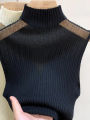 Mesh Knitted Top Women Y2K Tank Top Half Neck Vest Female Sleeveless Sweater Chic Cut Out Streetwear Solid Skinny White Tube Top. 